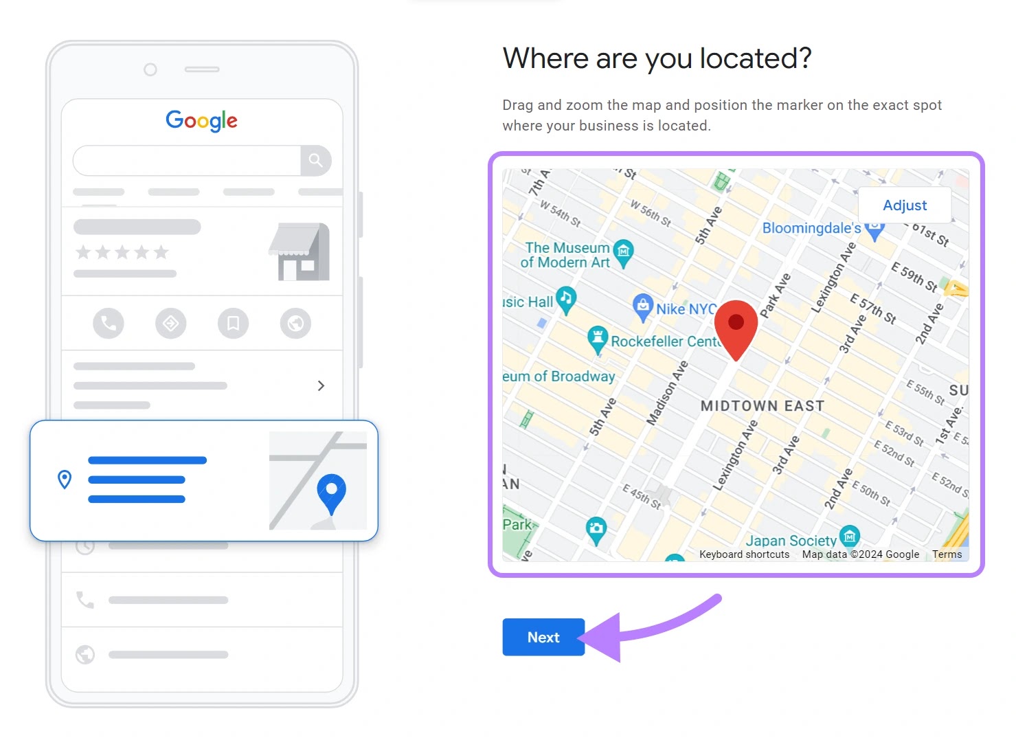 "Where are you located?" window with Google Maps widget