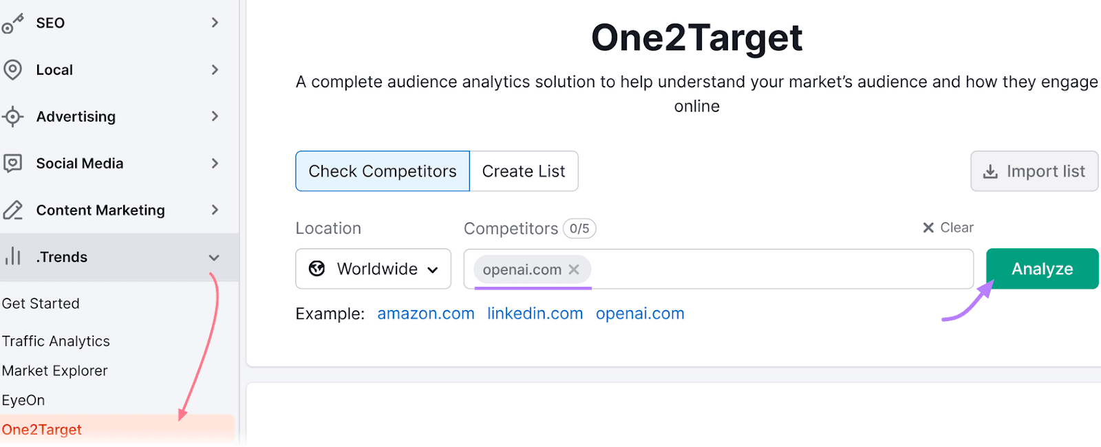 One2Target interface, showing a main panel for analyzing competitors, with an "Analyze" button pointed out by purple arrow.
