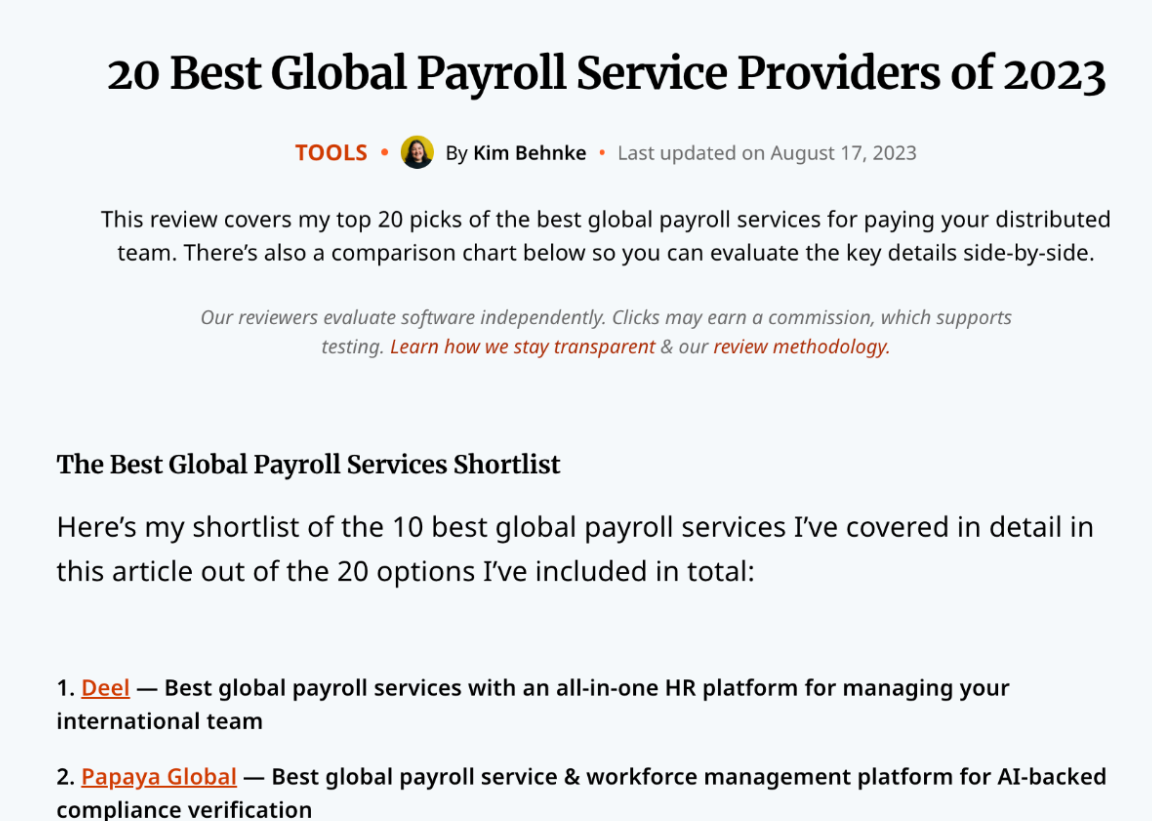 “26 Best Global Payroll Service Providers of 2023” article landing page