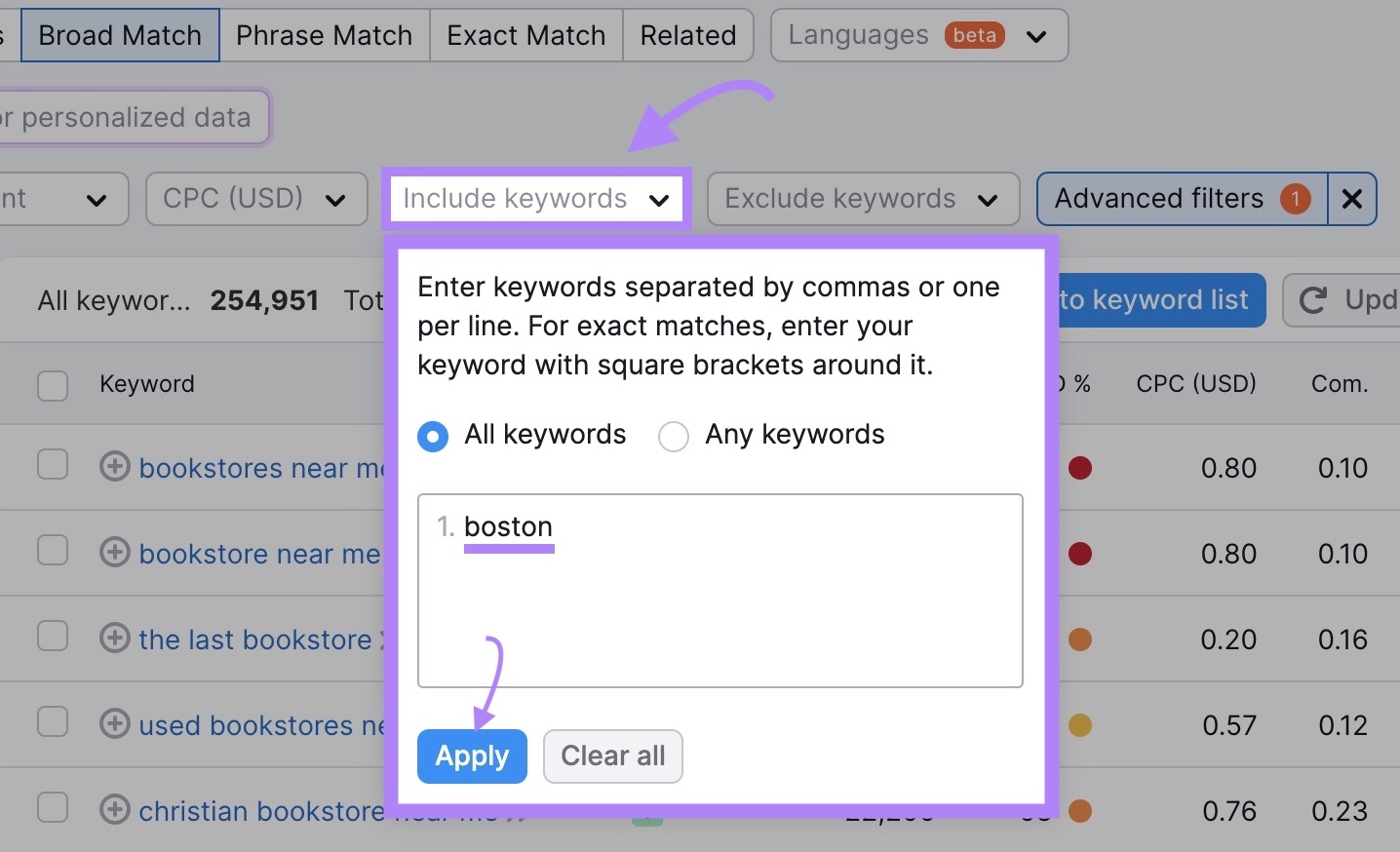 "Include keywords dropdown opened with "Boston" entered and "Apply" clicked.