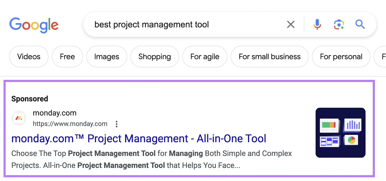 Monday.com's Google search ad for “best project management software" query