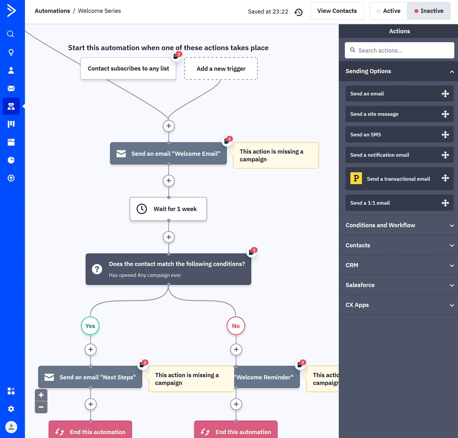 "Automations" page in ActiveCampaign