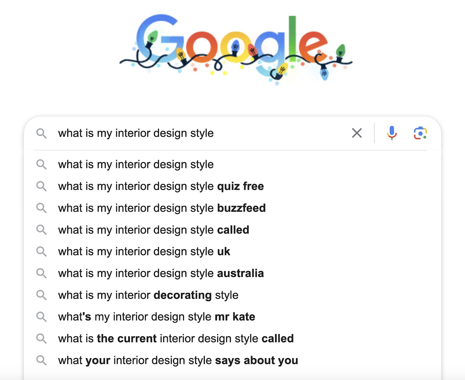 Google’s autocomplete suggestions when typing "what is my interior design style" into the search bar