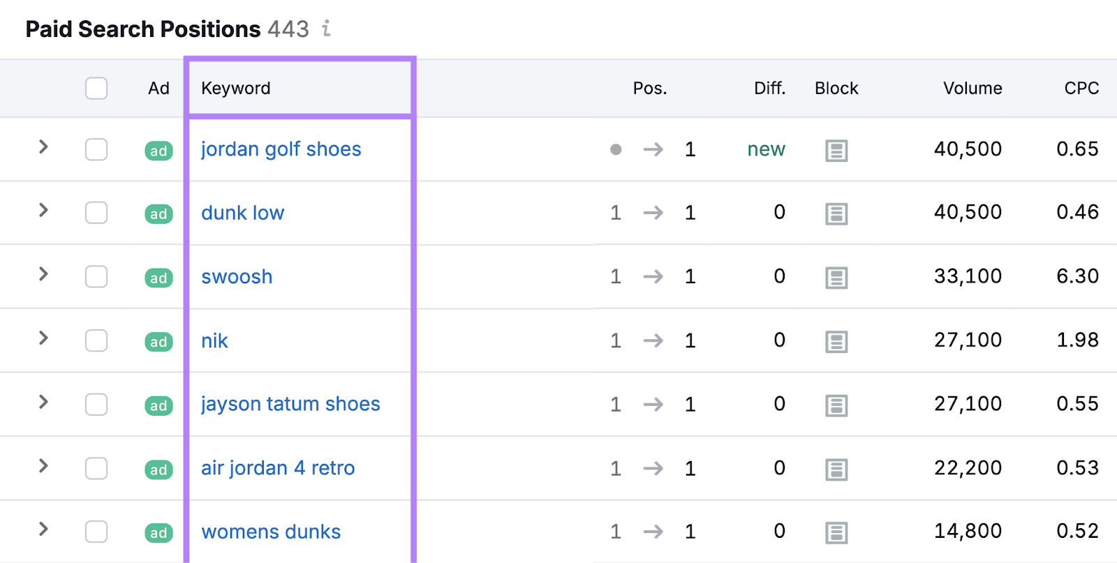 Paid Search Positions table shows keywords that trigger an ad for the domain