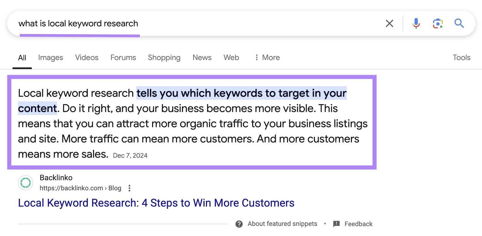 What They Are & How to Earn Them 16 Google SERP for the term "what is local keyword research" triggering a paragraph snippet.