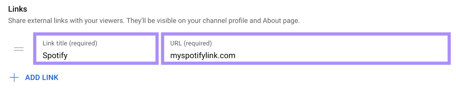 "Spotify" and "myspotifylink.com" entered under "Links" section in “YouTube Studio