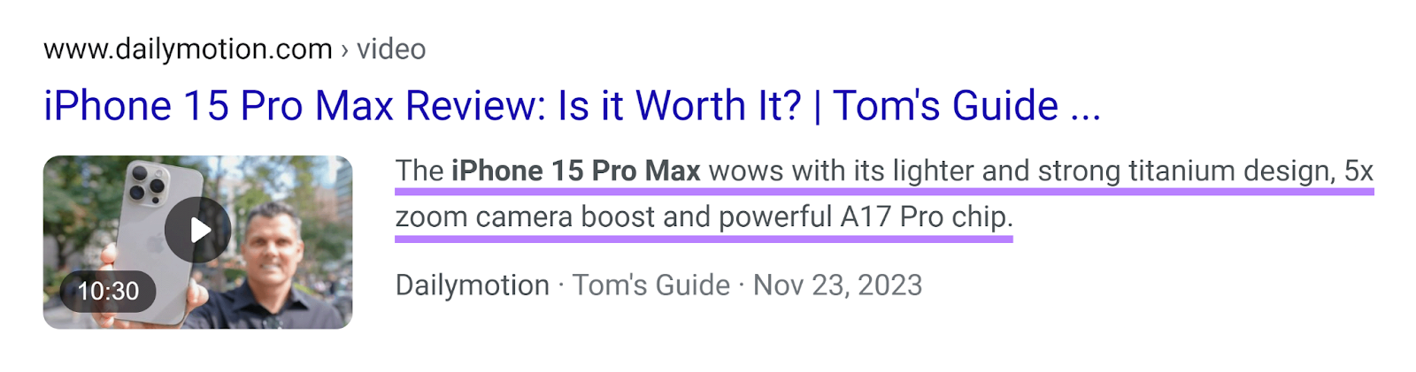 Google Search result for iPhone 15 Pro Max Review showing optimized description.