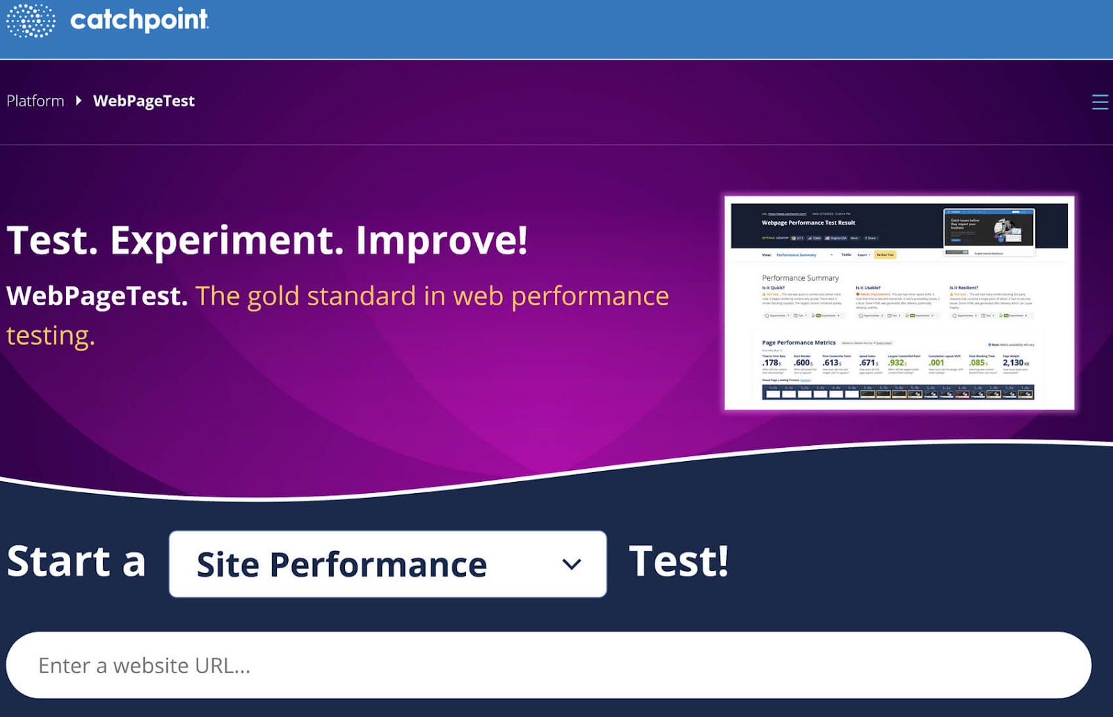 WebPageTest homepage showing a prominent "Start a Site Performance Test" button and a field to enter a website URL.