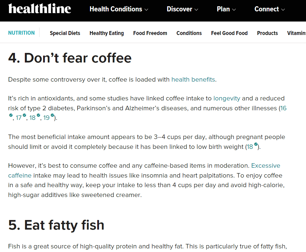 Healthline's listicle tips on "Don't fear coffee” and "Eat fatty fish"