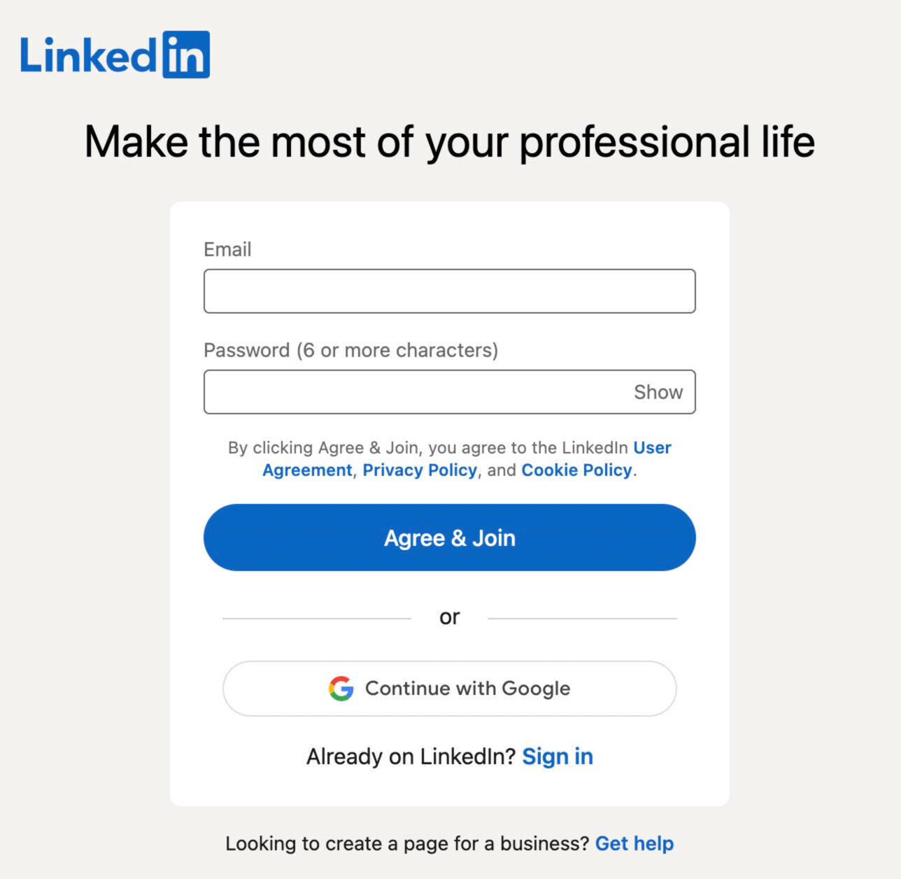 LinkedIn Premium's log-in or sign up form