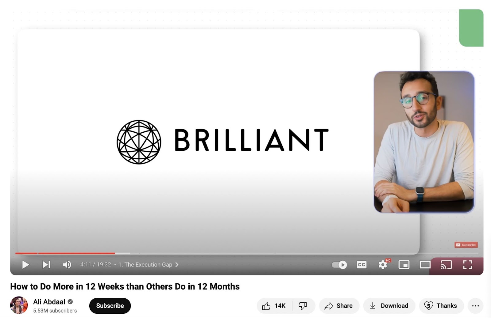 Ali Abdaal YouTube video with 'Brilliant' sponsor logo prominent and Alo Abdaal a thumbnail on screen