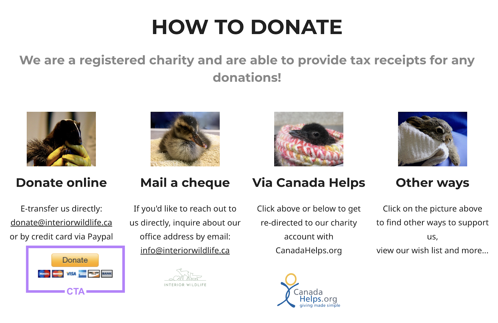 "Donate" CTA on Interior Wildlife's "how to donate" section