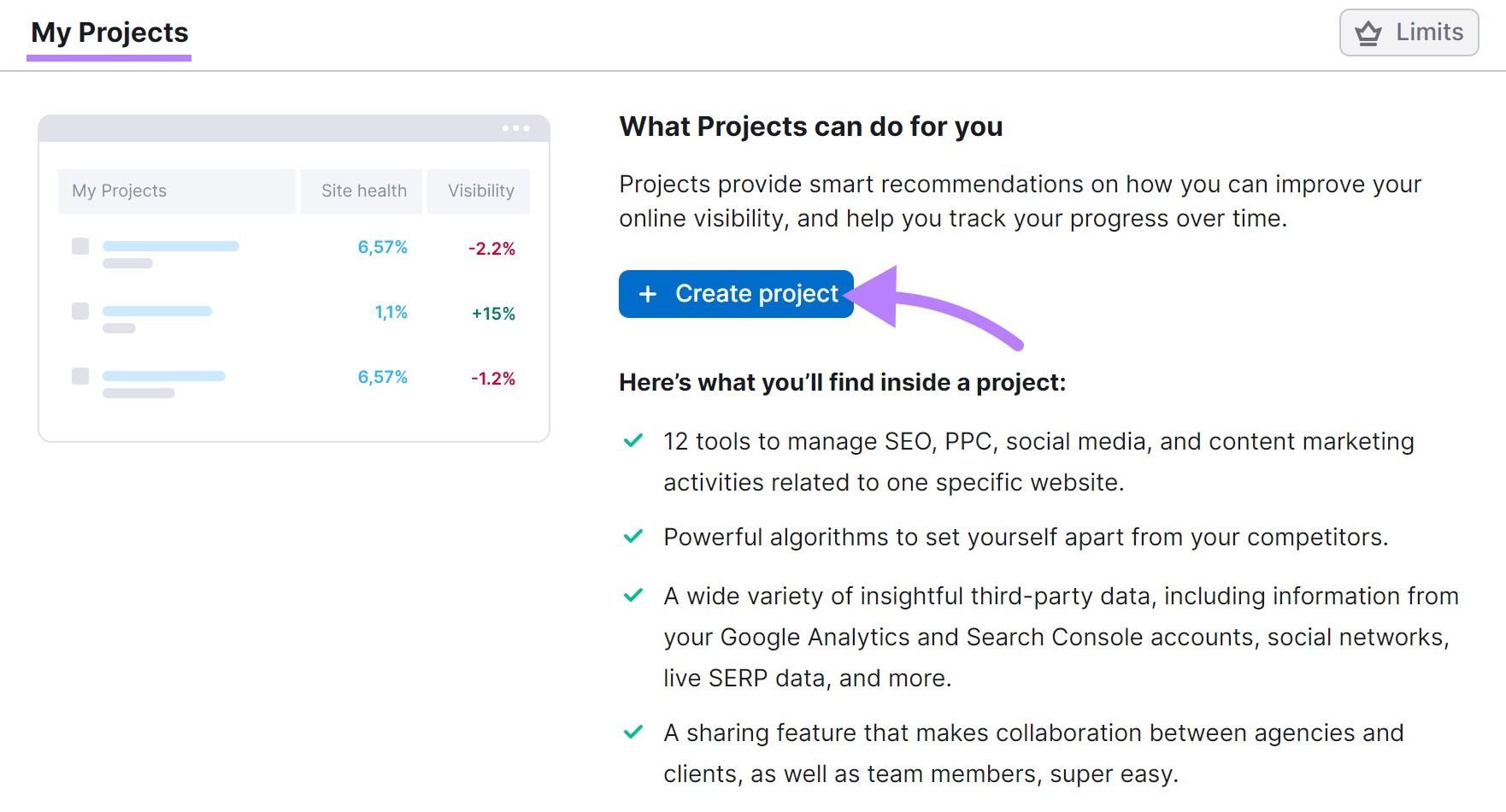 My projects page with the "Create project" button highlighted