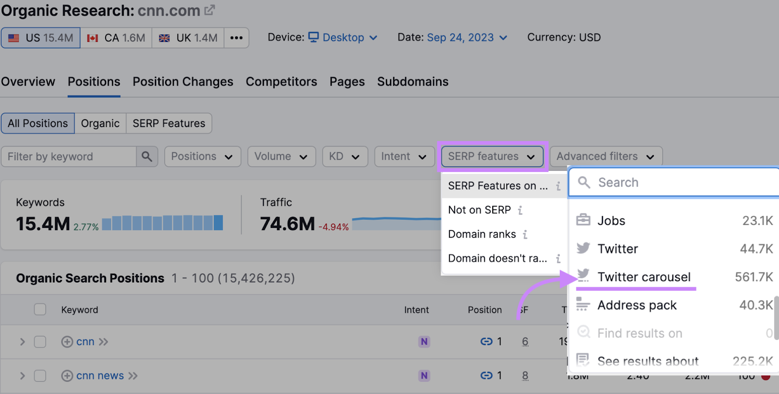 “SERP Features” drop-down menu