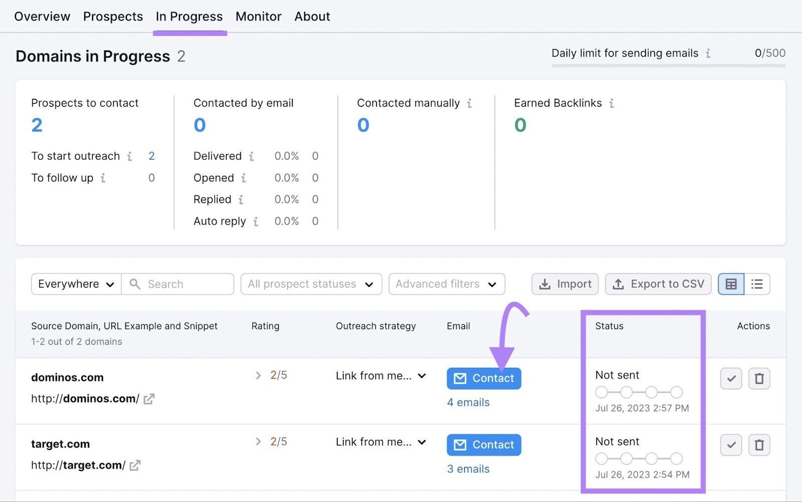 “Domains in Progress” tab