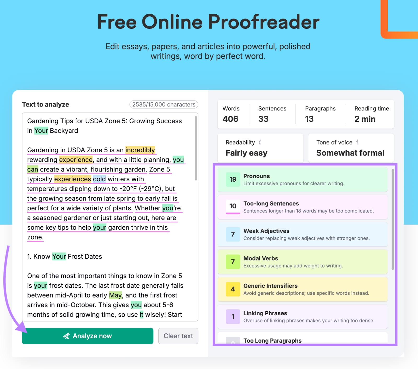 text entered into automated contented  proofreader with suggestions for changes