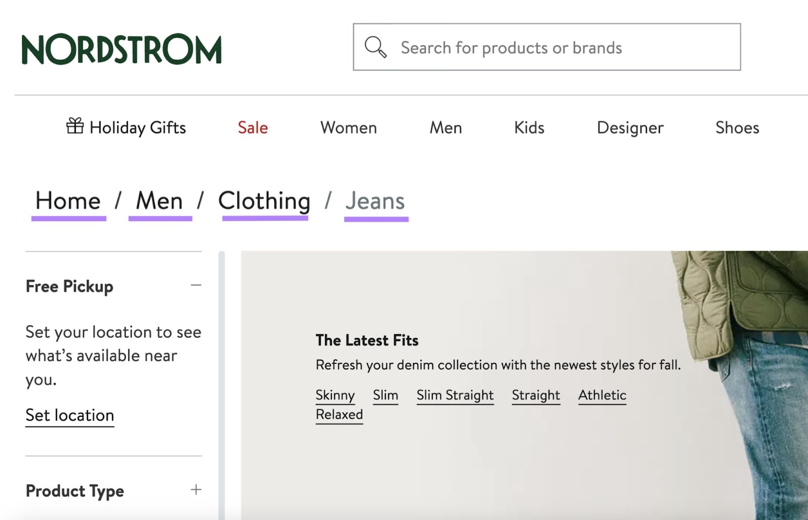 "Home," "Men," "Clothing," "and Jeans" links highlighted on the Nordstrom's page