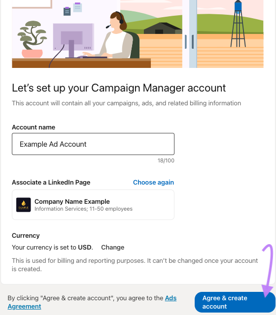 Campaign Manager account set up in LinkedIn with company page linked and 'agree and create account' button highlighted