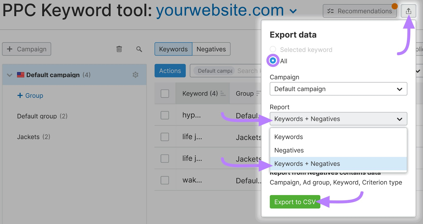 “Export data” drop-down paper   of Semrush PPC Keyword Tool