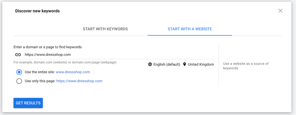 Keyword planner finding keywords with a website