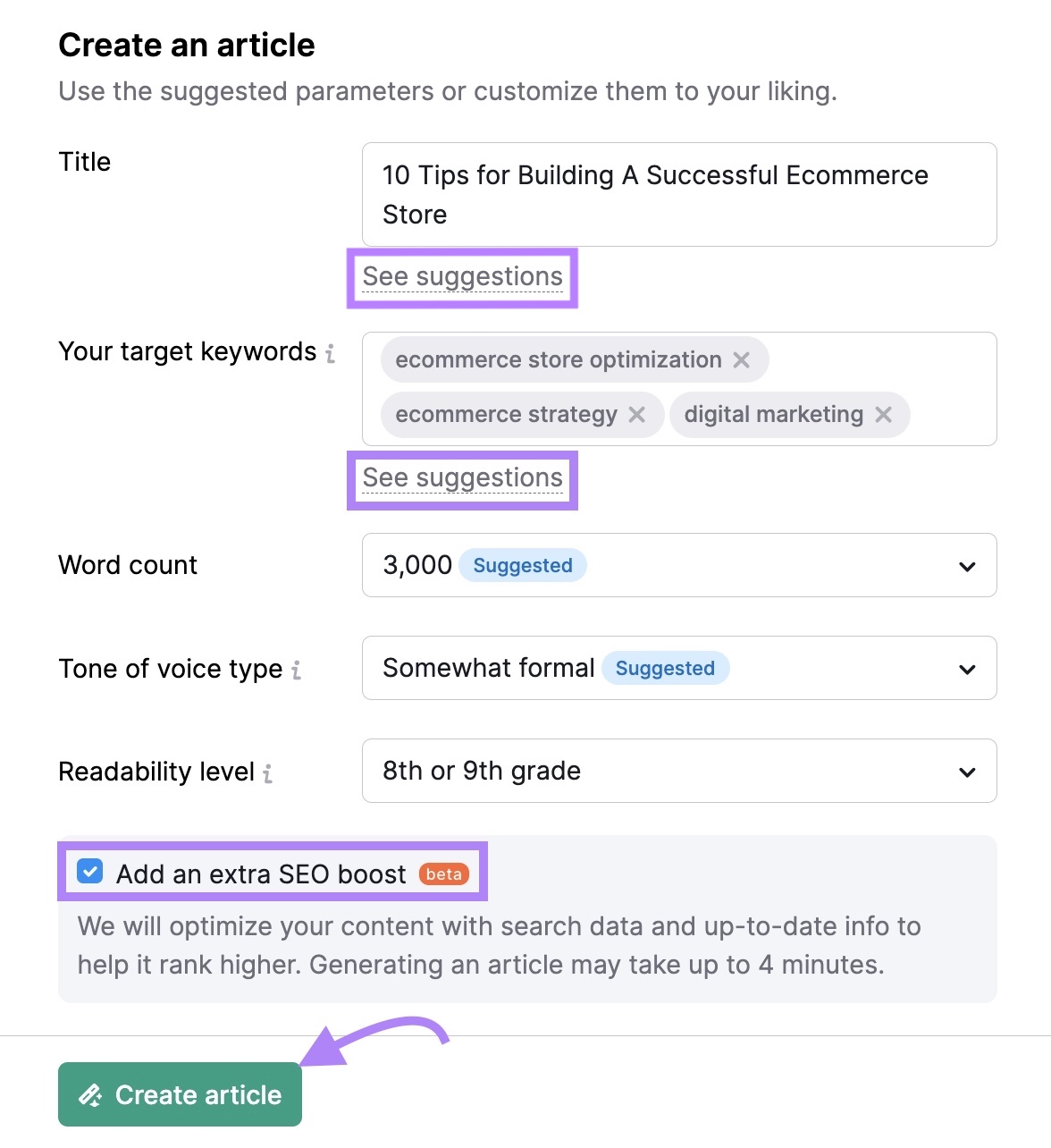 Article settings on ContentShake AI where you need to select a title, keywords, word count, tone, and readability level.