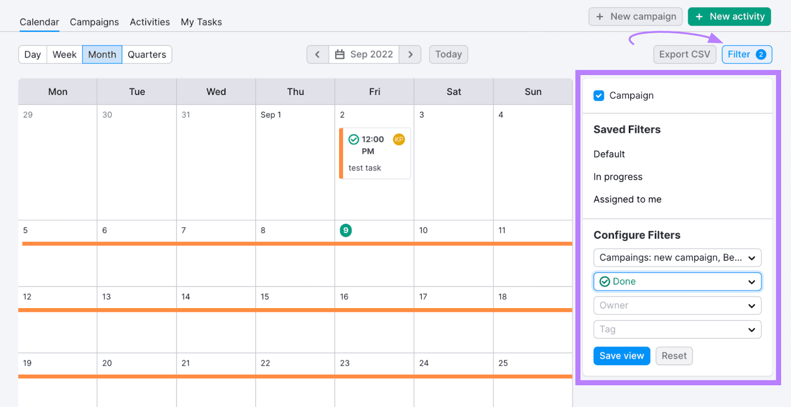 Filter options in Semrush Marketing Calendar