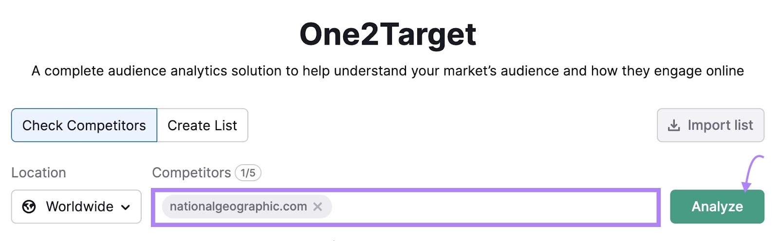 One2Target search with 'nationalgeographic.com' entered and 'Analyze' selected.