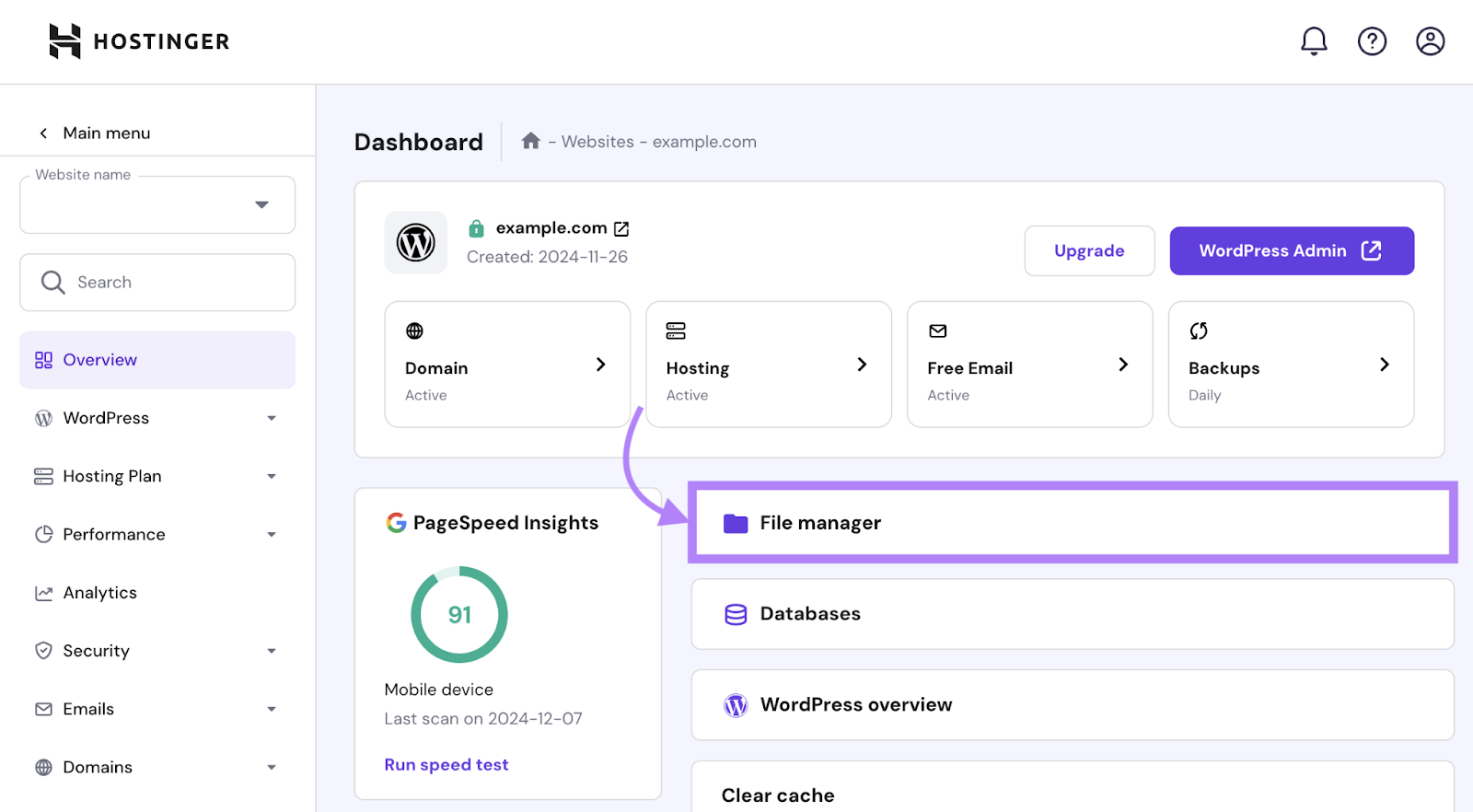 File caput files appears successful nan Hostinger dashboard for a website.