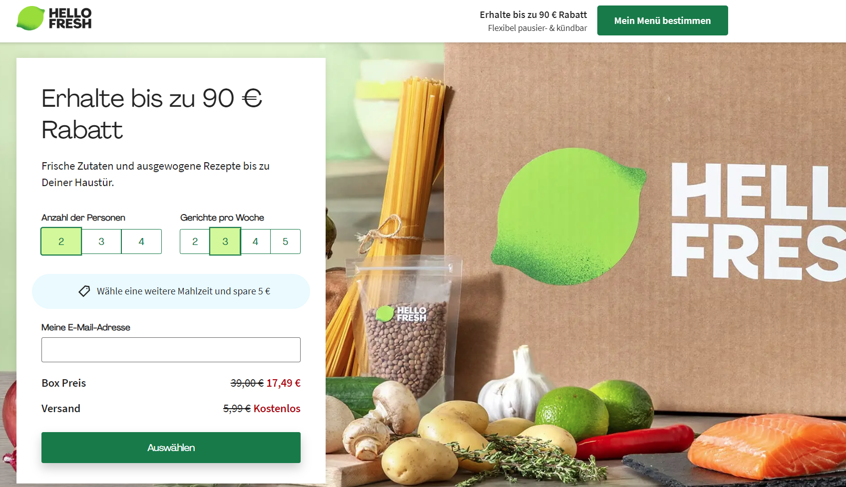 Landing-Page von Hello Fresh mit abgebildeten Lebensmitteln