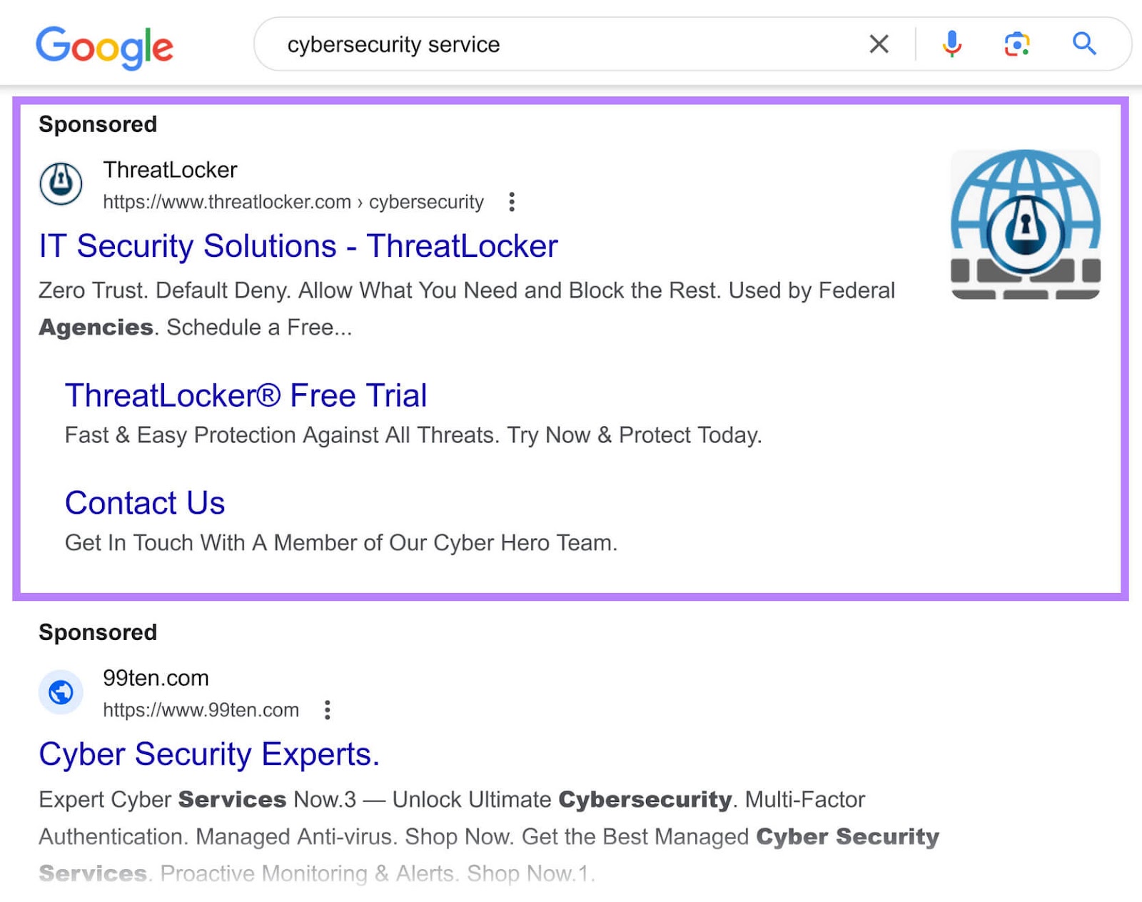 Dynamic hunt  advertisement  (DSA) connected  Google SERP for "cybersecurity service"
