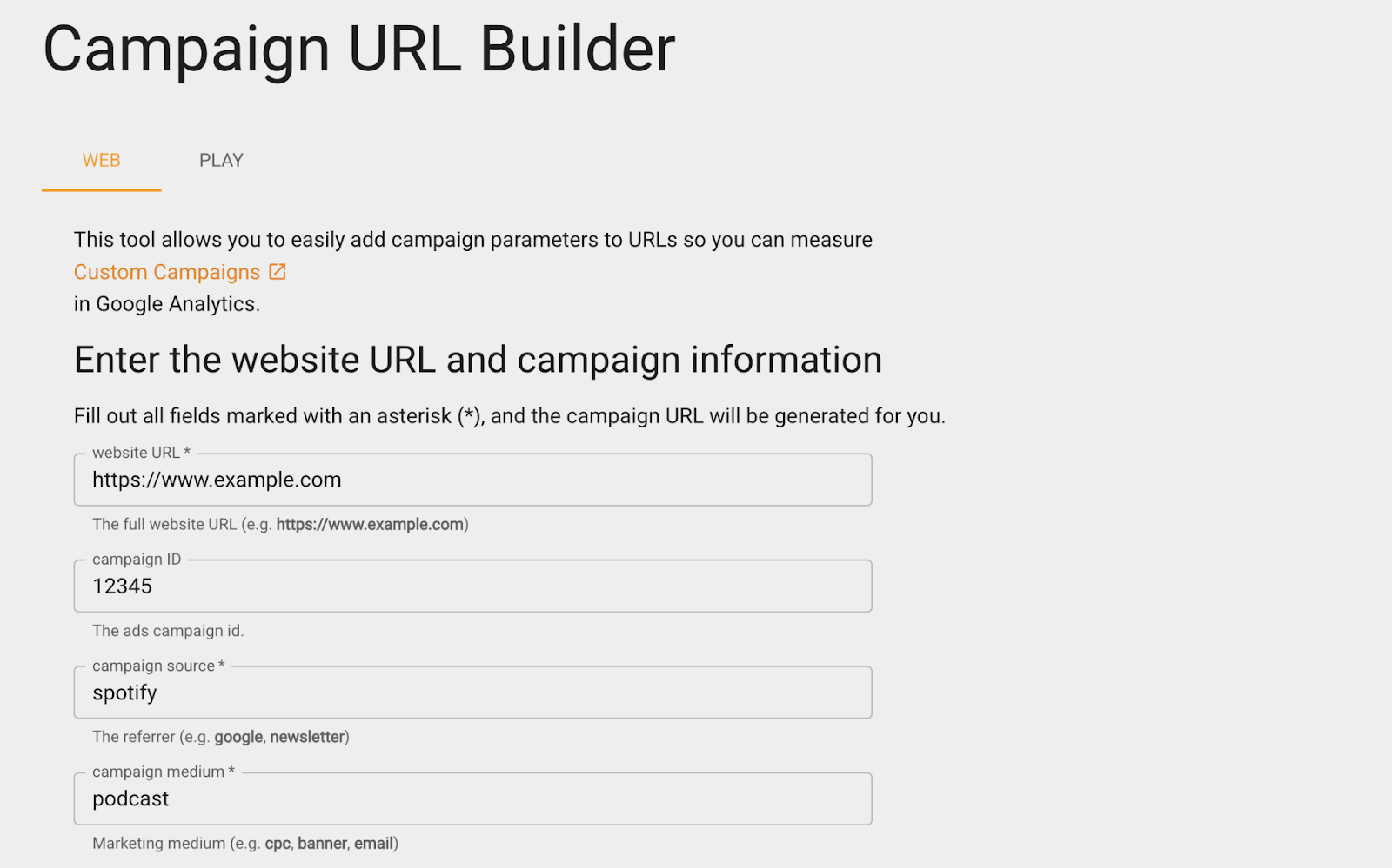 Campaign URL Builder tool has fields for campaign ID, campaign source, campaign medium, and more.