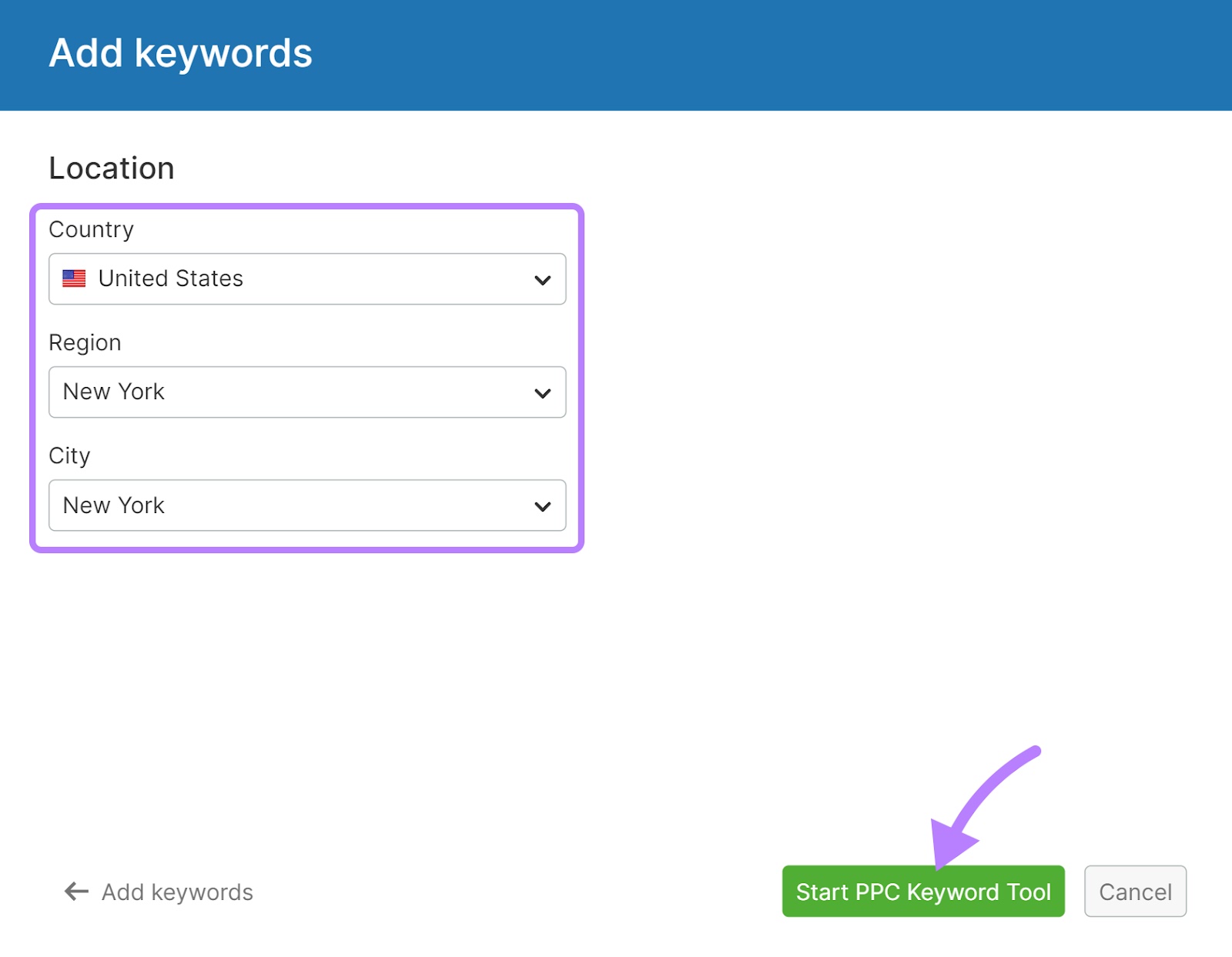 "Start PPC Keyword Tool" button