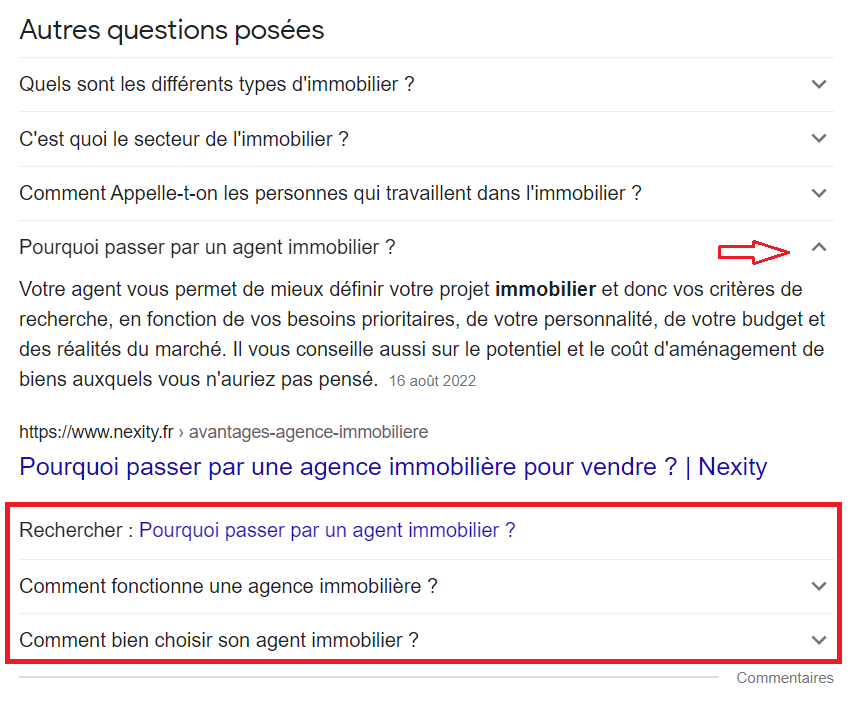 Autres questions posées, élargissement en cliquant sur une question