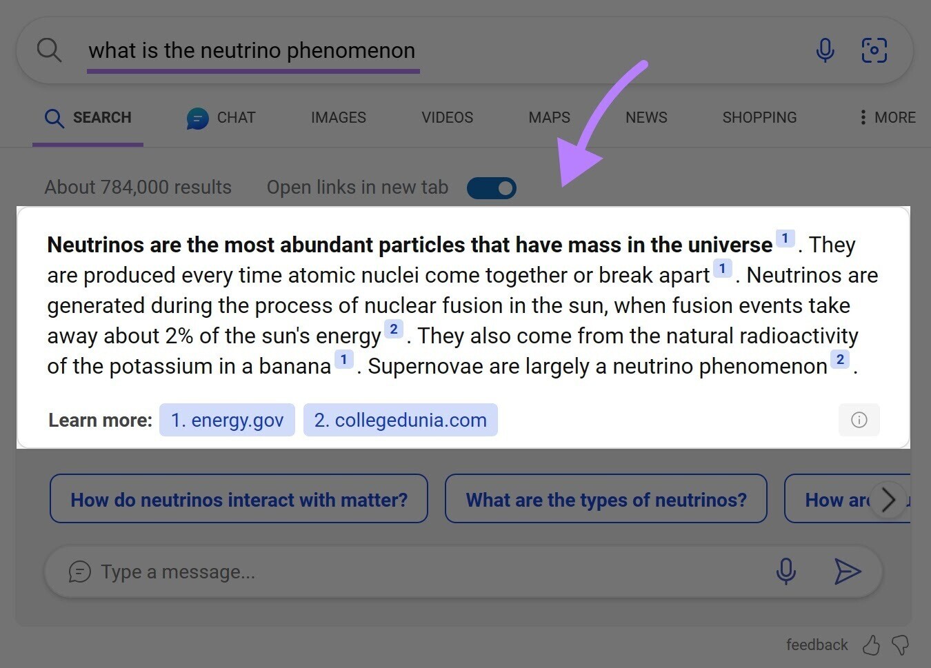 AI-generated snippet in Bing for "what is the neutrino phenomenon" search