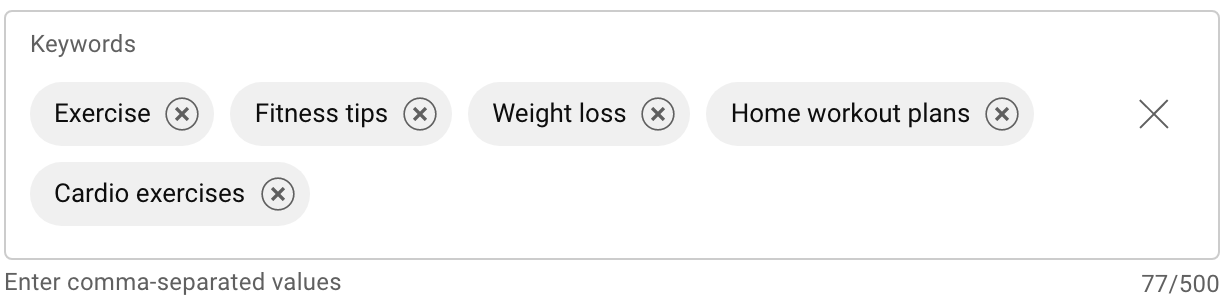 YouTube keywords for a fitness-related channel