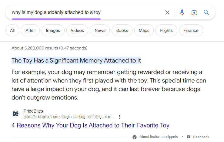 PrideBites's results on a SERP for “why is my dog suddenly attached to a toy”
