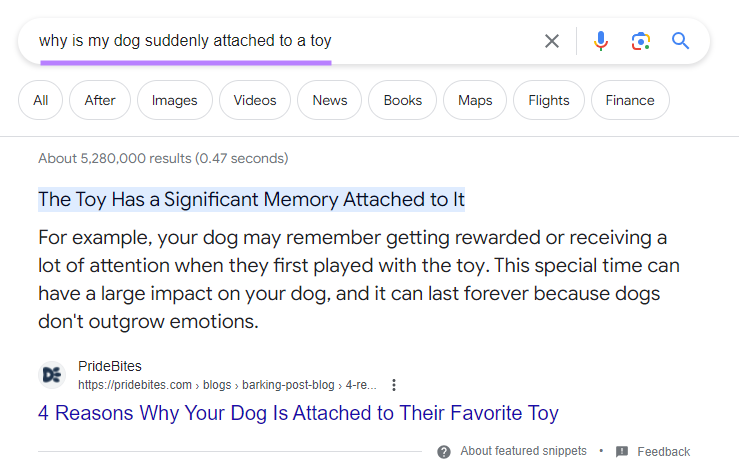 PrideBites's results on a SERP for “why is my  suddenly attached to a toy”