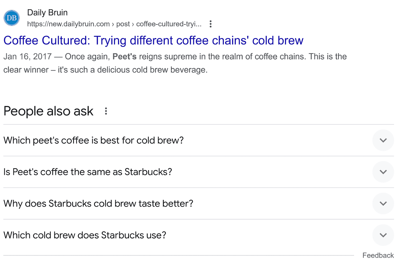 Google SERP for "Peet's coldbrew vs starbucks coldbrew" showing top result from Daily Bruin, and a "People also ask" section