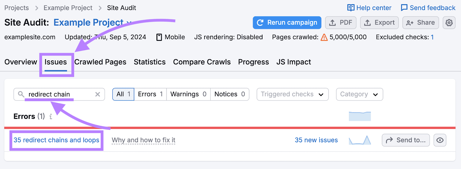 Site Audit's "Issues" tab with a hunt  for the "redirect chain" error