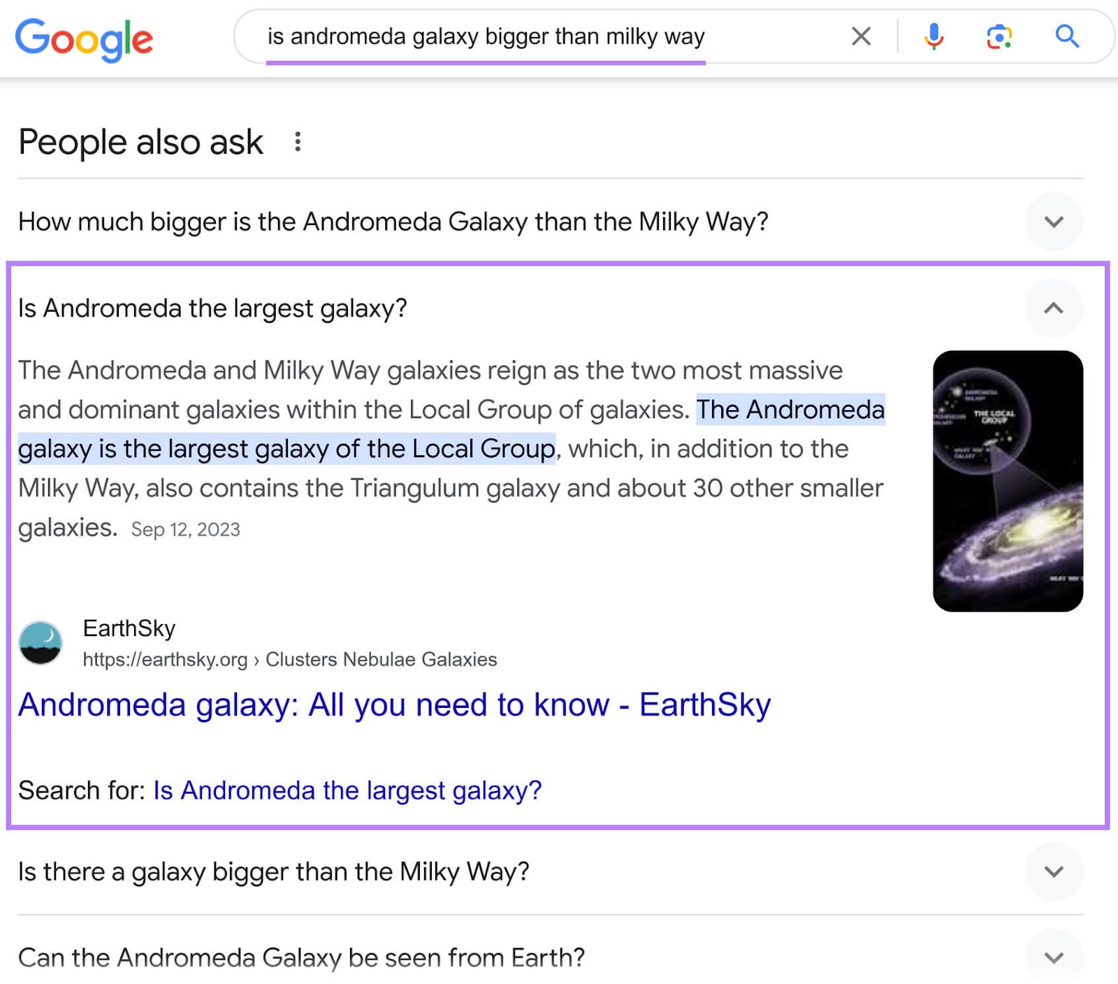 Google SERP for "is andromeda galaxy bigger than milky way" showing the "People also ask" box, with one question expanded.