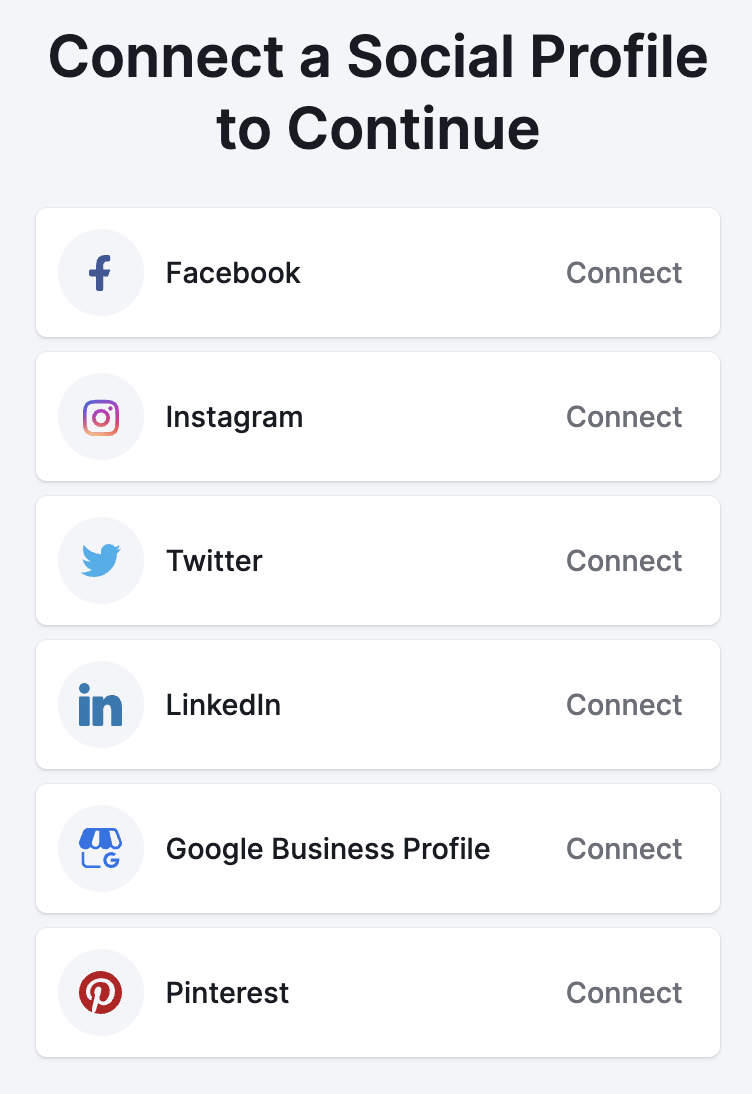 "Connect a social profile to continue" page in Social Poster