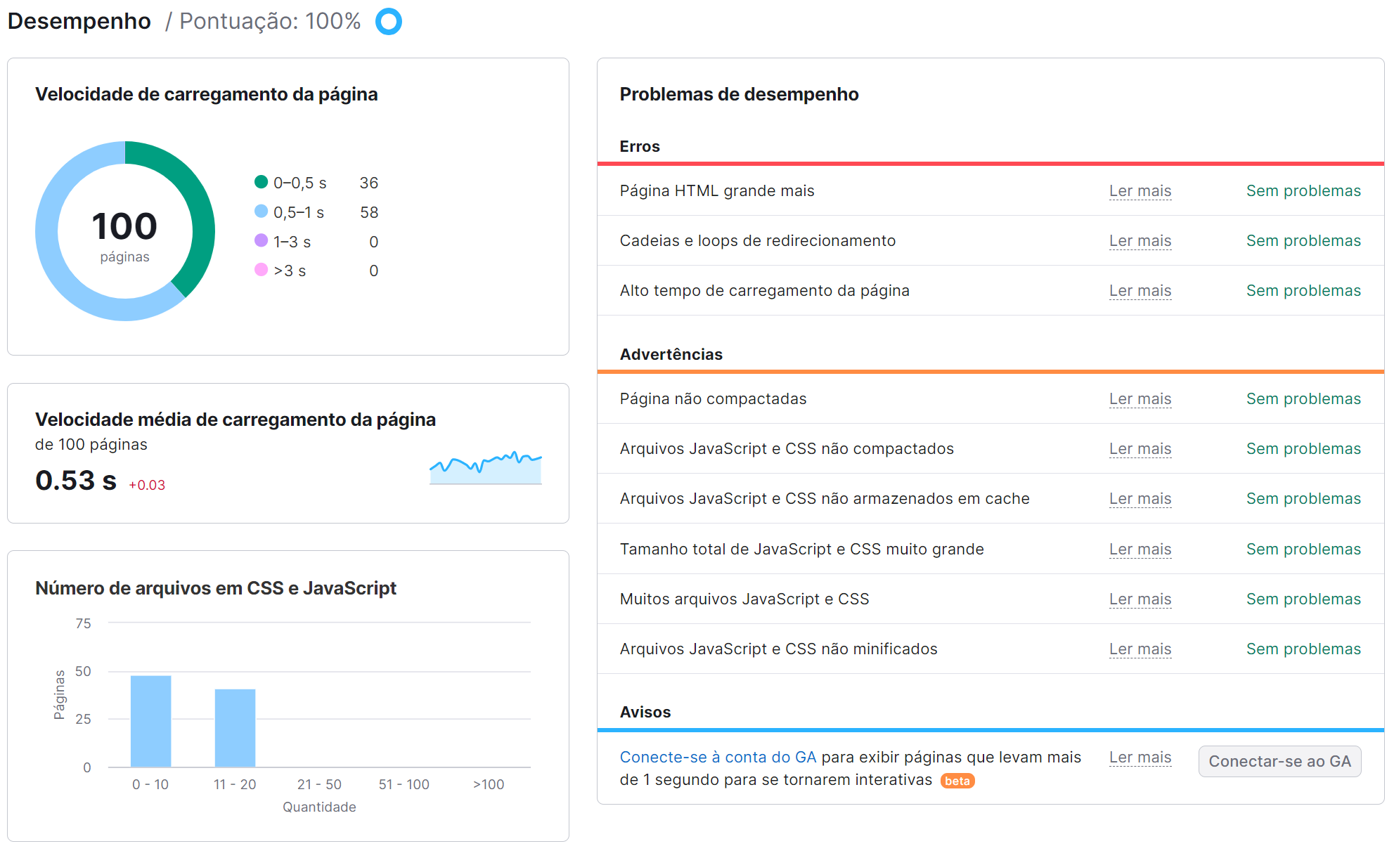 relatório de desempenho na ferramenta auditoria do site