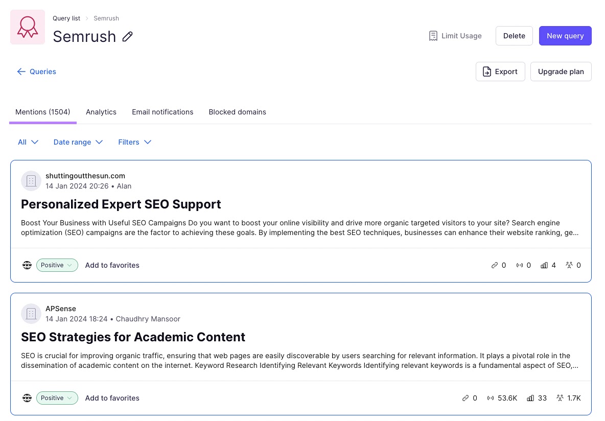 "Mentions" dashboard for Semrush in Brand Monitoring app