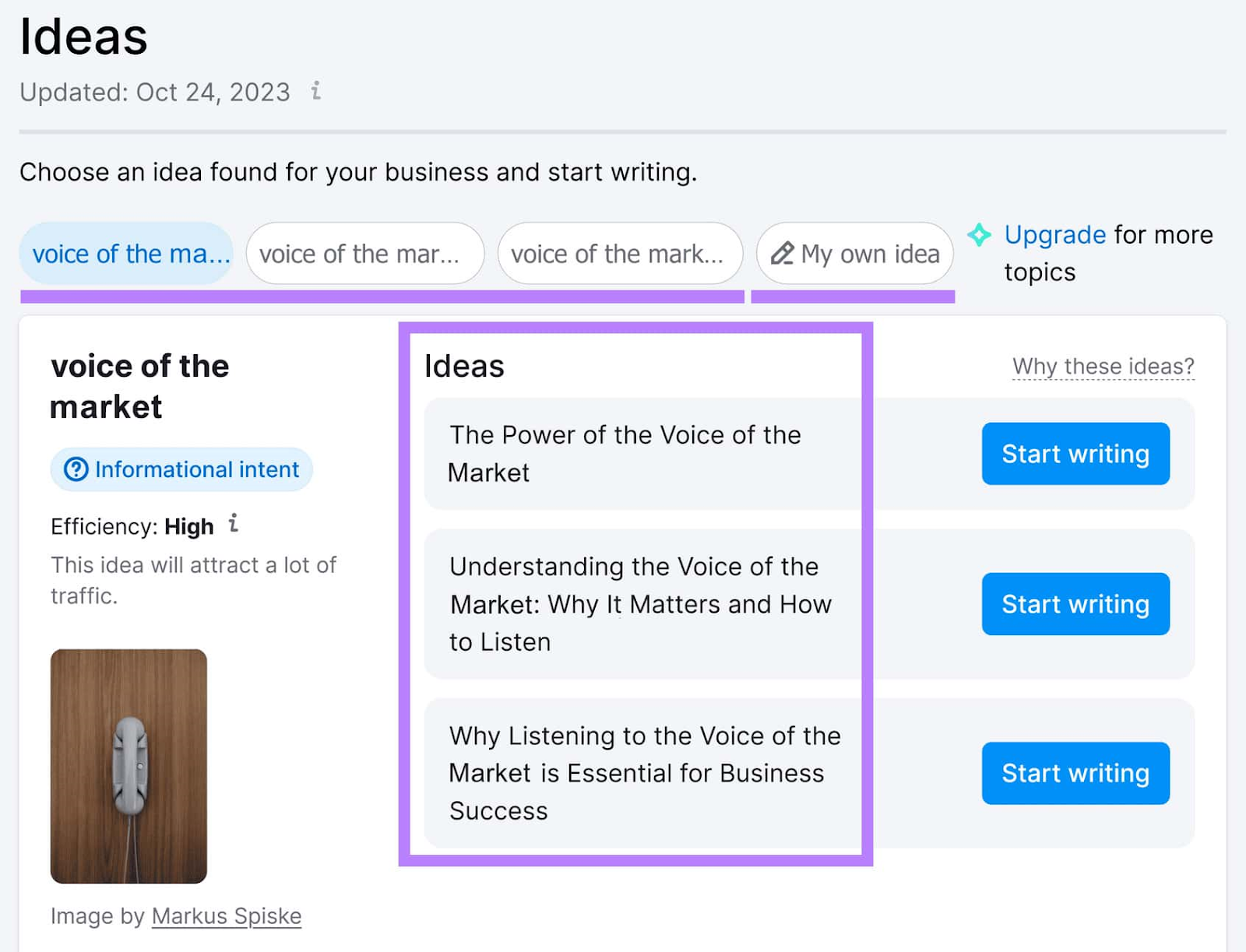 "Ideas" page in Content Shake AI