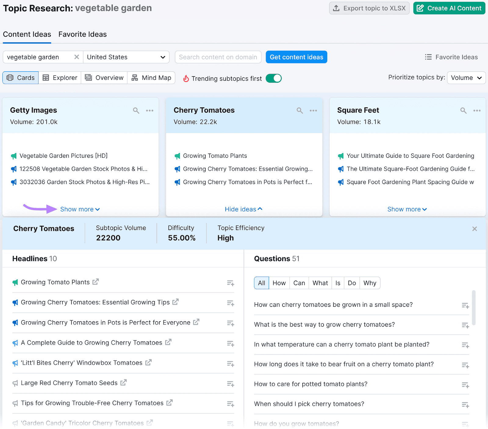 Semrush Topic Research dashboard with research data for "vegetable garden" showing topic cards with "Show more" buttons