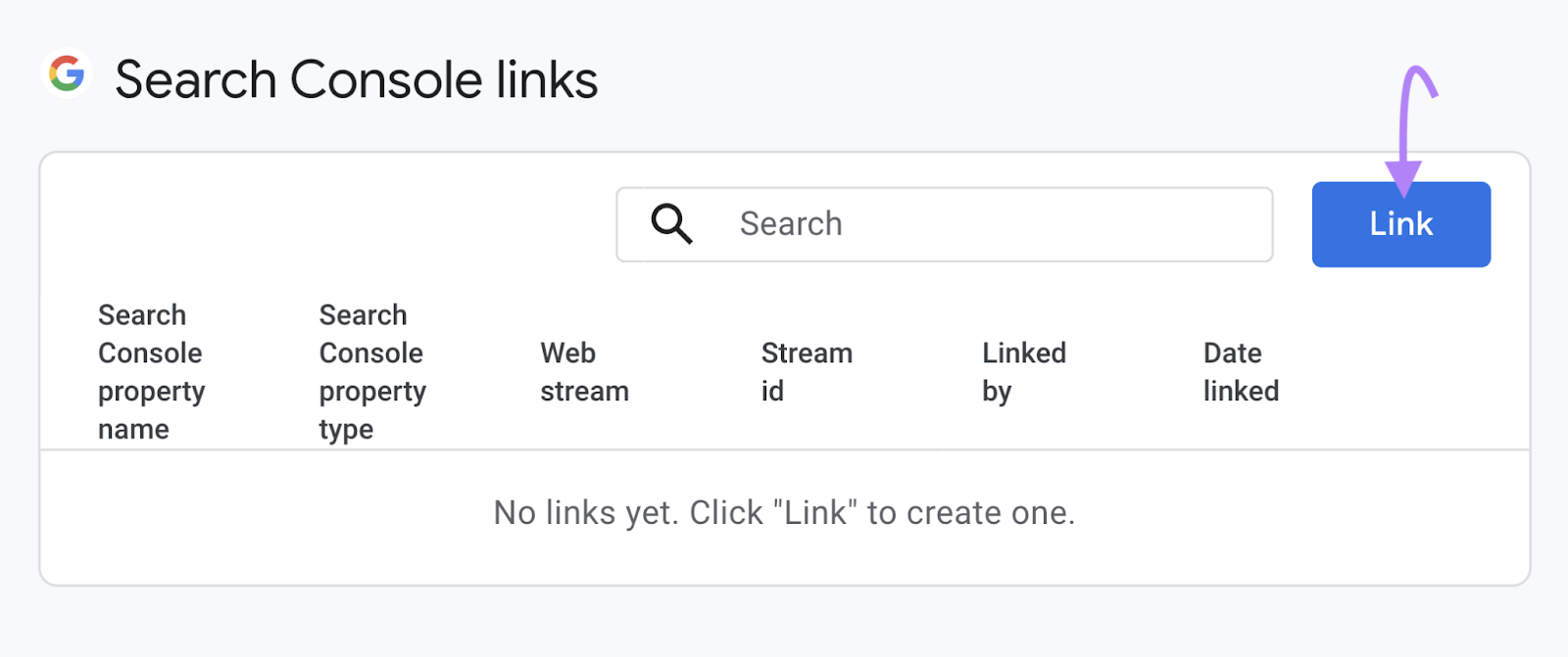"Link" button highlighted in the "Search Console links" section