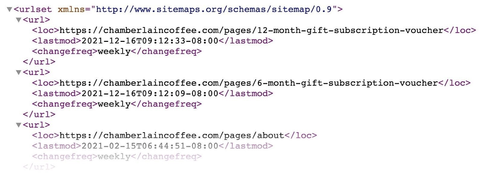 Example of an XML sitemap which includes list of indexed URLs, a “lastmod” attribute, a "hreflang" attribute, etc.