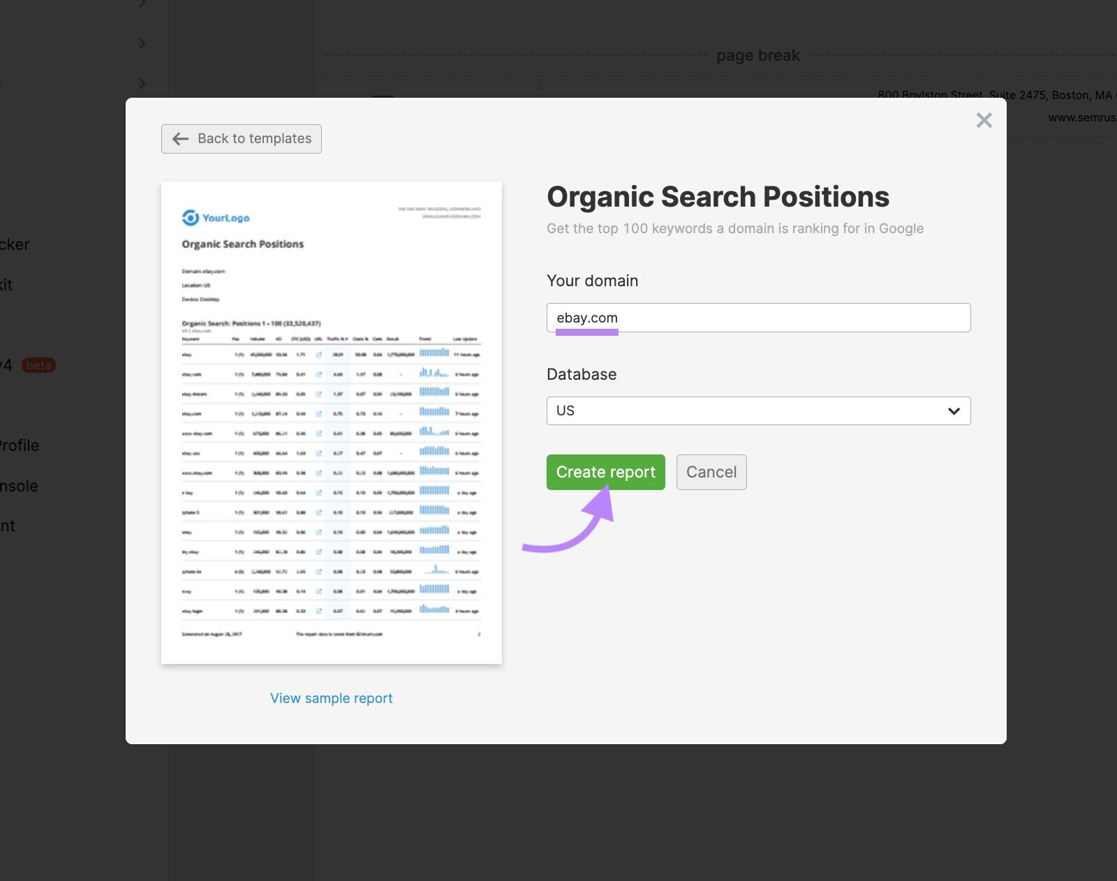 “Organic Search Positions” popup window