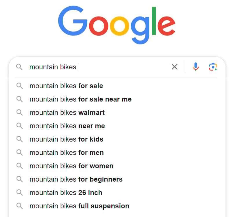 example of Google’s autocomplete suggestions when typing "mountain bikes"