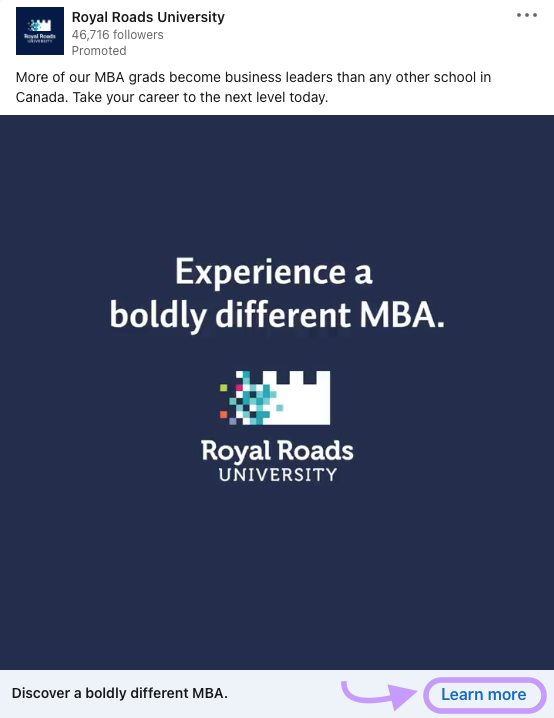 A paid ad on LinkedIn by Royal Roads University, with the aim of driving leads